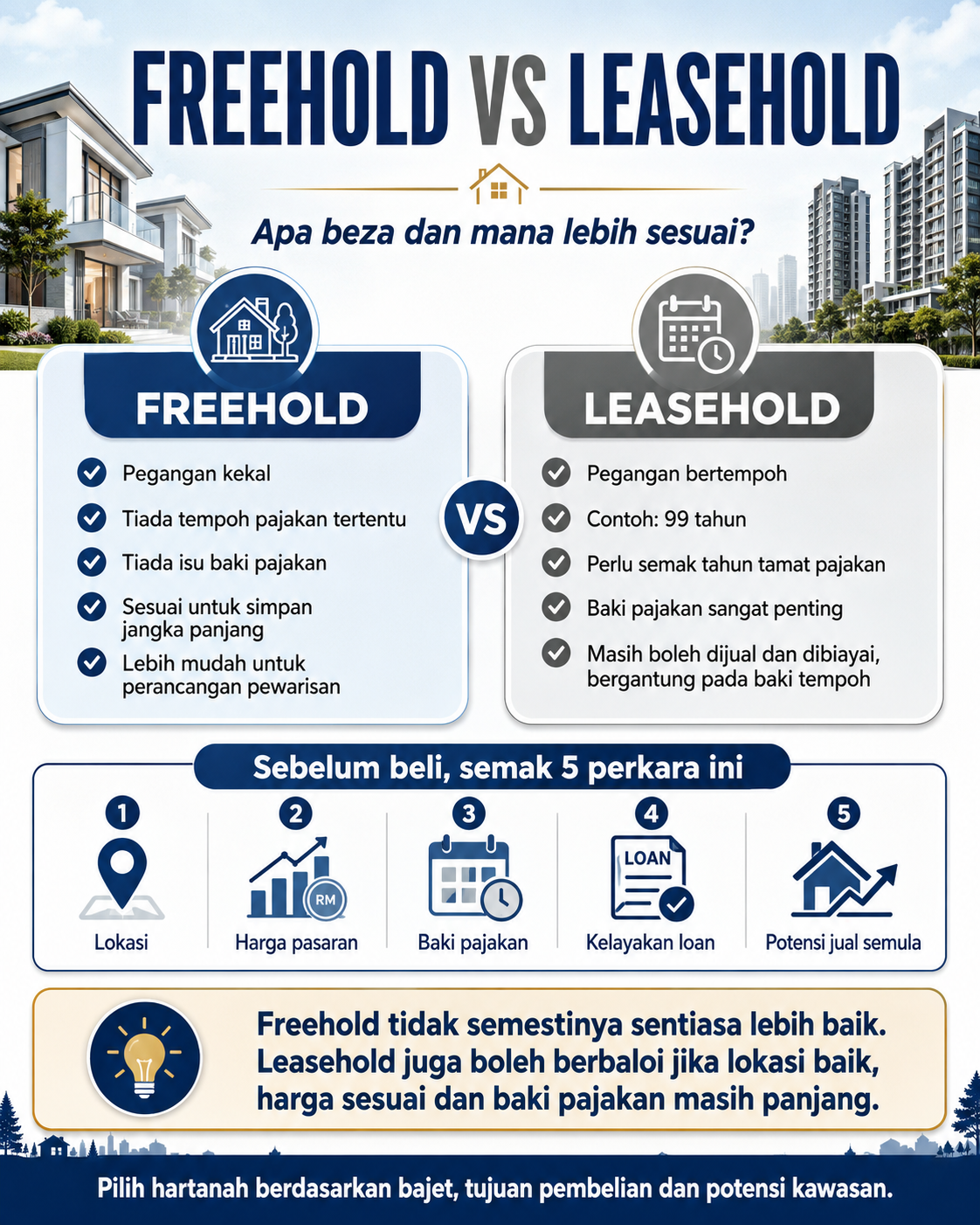 # Freehold vs Leasehold: Apa Bezanya dan Mana Lebih Baik?

Bila nak beli rumah, antara perkara pertama yang pembeli selalu tanya ialah:

**“Rumah ni freehold atau leasehold?”**

Sebenarnya, kedua-duanya boleh menjadi pilihan yang baik. Yang penting ialah kita faham perbezaannya dan pilih berdasarkan tujuan pembelian, lokasi, harga serta kemampuan.

## Apa Itu Freehold?

**Freehold** ialah pegangan hartanah tanpa tempoh pajakan tertentu.

Maksud mudahnya, pemilik tidak perlu risau tentang baki tempoh seperti 99 tahun, 60 tahun atau 30 tahun.

Antara kelebihan freehold:

* Tiada isu baki pajakan.
* Sesuai untuk simpan jangka panjang.
* Lebih menarik bagi pembeli yang mahu mewariskan hartanah.
* Biasanya lebih mudah diterima oleh pasaran pembeli.

Namun, freehold **tidak semestinya lebih mahal atau lebih menguntungkan**. Lokasi, permintaan dan harga masih memainkan peranan besar.

---

## Apa Itu Leasehold?

**Leasehold** ialah hartanah yang mempunyai tempoh pegangan tertentu.

Contohnya:

**Leasehold 99 tahun, tamat pada tahun 2090.**

Kalau dibeli pada tahun 2026, baki pajakan lebih kurang **64 tahun**.

Sebab itu, kalau beli rumah leasehold jangan hanya tanya:

**“Leasehold berapa tahun?”**

Lebih penting tanya:

**“Pajakan tamat tahun berapa dan berapa tahun lagi baki?”**

---

## Perbezaan Freehold dan Leasehold

| Perkara            | Freehold                      | Leasehold                                  |
| ------------------ | ----------------------------- | ------------------------------------------ |
| Tempoh pegangan    | Tiada tarikh tamat tertentu   | Ada tempoh tertentu                        |
| Baki pajakan       | Tidak menjadi isu             | Perlu diperiksa                            |
| Pinjaman bank      | Biasanya lebih mudah dinilai  | Baki pajakan boleh mempengaruhi pembiayaan |
| Jual semula        | Lebih mudah dari sudut tempoh | Bergantung kepada baki pajakan             |
| Pelanjutan pajakan | Tidak perlu                   | Boleh melibatkan permohonan dan premium    |
| Pewarisan          | Sesuai untuk pegangan panjang | Waris menerima baki tempoh yang masih ada  |

---

## Adakah Leasehold Susah Dapat Loan?

**Tidak semestinya.**

Banyak rumah leasehold masih boleh mendapat pembiayaan bank.

Namun, apabila baki pajakan semakin pendek, bank mungkin mengambil kira perkara tersebut sebelum menentukan jumlah dan tempoh pembiayaan.

Polisi setiap bank juga boleh berbeza.

---

## Adakah Leasehold Susah Dijual?

Tidak semestinya.

Rumah leasehold yang:

* lokasi strategik,
* harga berpatutan,
* baki pajakan masih panjang,
* mempunyai permintaan tinggi,

masih boleh dijual dengan baik.

Sebaliknya, rumah freehold di lokasi kurang mendapat permintaan juga boleh mengambil masa untuk dijual.

---

## Boleh Ke Sambung Leasehold?

Secara umum, pemilik boleh membuat **permohonan pelanjutan tempoh pajakan**, tertakluk kepada polisi dan kelulusan kerajaan negeri.

Pelanjutan bukan automatik dan mungkin melibatkan bayaran premium.

Prosedur serta kadar boleh berbeza mengikut negeri.

---

## Kalau Tukar Owner, Leasehold Jadi 99 Tahun Semula?

**Tidak.**

Pertukaran pemilik tidak menyebabkan tempoh leasehold bermula semula.

Contohnya, jika rumah tinggal baki 70 tahun ketika dijual, pemilik baharu akan menerima hartanah tersebut dengan baki tempoh yang masih ada.

Begitu juga freehold. Pertukaran nama pemilik tidak secara automatik menukar freehold menjadi leasehold.

---

## Freehold Sentiasa Lebih Baik?

Tidak semestinya.

Contohnya:

**Rumah A**
Freehold
RM500,000
Jauh dari bandar

**Rumah B**
Leasehold baki 90 tahun
RM400,000
Lokasi strategik dan dekat kemudahan

Bagi sesetengah pembeli, Rumah B mungkin lebih berbaloi walaupun leasehold.

Sebab itu jangan tengok status pegangan sahaja.

---

## Apa Perlu Semak Sebelum Beli Leasehold?

Sebelum membeli, semak:

1. Tahun pajakan tamat.
2. Baki tempoh pajakan.
3. Harga pasaran.
4. Kelayakan pinjaman.
5. Sekatan kepentingan.
6. Potensi kawasan.
7. Kemudahan menjual semula pada masa hadapan.

---

## Jadi, Freehold atau Leasehold?

Kalau dua rumah mempunyai lokasi, harga dan keadaan hampir sama, **freehold biasanya mempunyai kelebihan kerana tiada isu tempoh pajakan.**

Tetapi kalau rumah leasehold mempunyai lokasi lebih baik, harga lebih murah dan baki pajakan masih panjang, ia juga boleh menjadi pilihan yang sangat berbaloi.

### Kesimpulan

Jangan pilih rumah berdasarkan **freehold atau leasehold sahaja**.

Lihat keseluruhan faktor:

**Lokasi + Harga + Baki Pajakan + Loan + Kondisi Rumah + Permintaan Kawasan + Potensi Jual Semula.**

Hartanah yang bagus bukan semata-mata kerana statusnya freehold.

Hartanah yang bagus ialah hartanah yang **sesuai dengan kemampuan, keperluan dan perancangan pembeli.**

> **Nota:** Maklumat ini adalah panduan umum. Polisi tanah, pelanjutan pajakan dan prosedur boleh berbeza mengikut negeri dan jenis hak milik.
